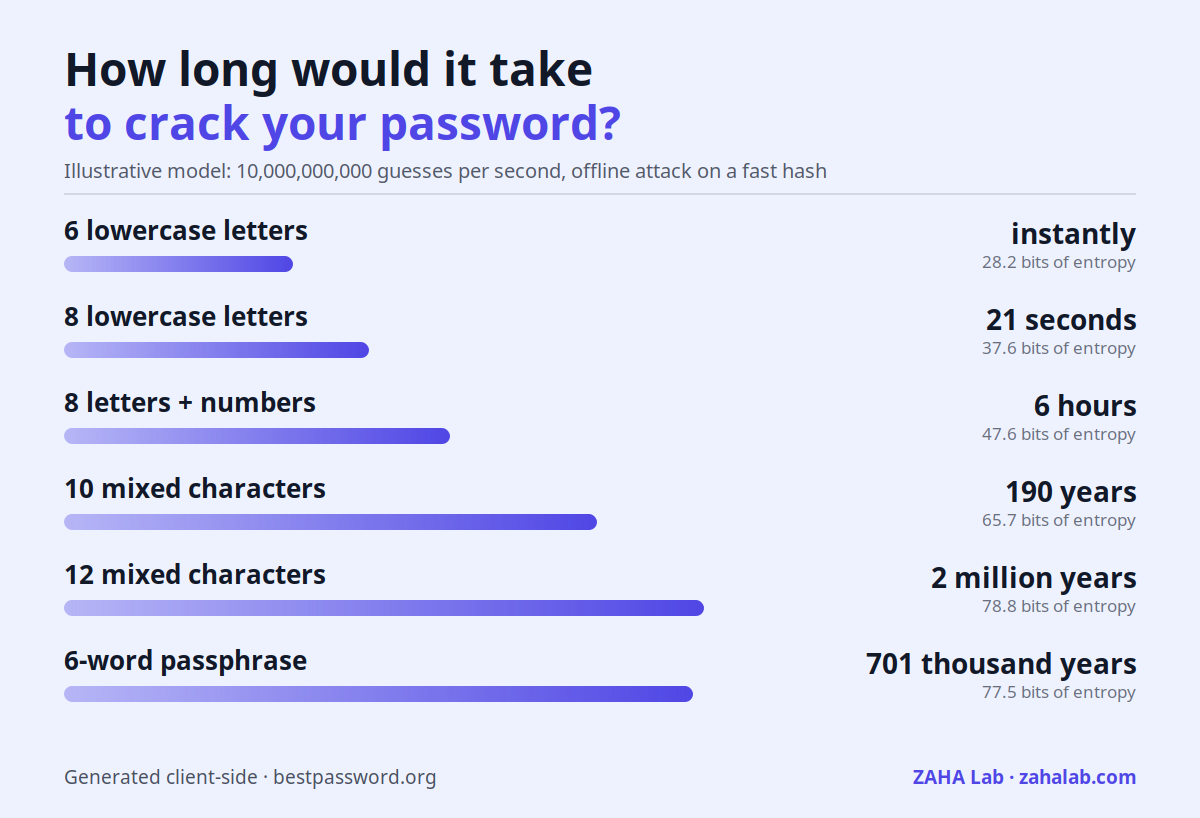 Chart: estimated time to crack passwords by pattern, from instantly for 6 lowercase letters to thousands of years for a 12-character mixed password or a 4-word passphrase